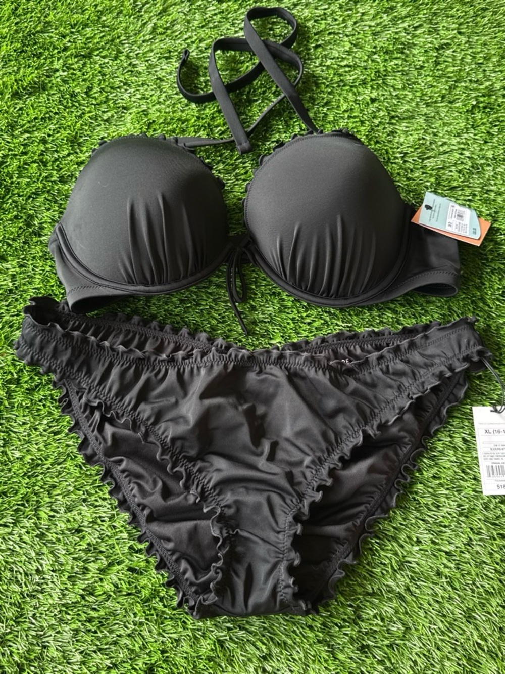 Shade & Shore Black Ruffle-Trim Push-Up Bikini Set